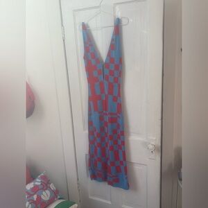 Paloma Wool Blue and Red Checkerboard Midi Dress